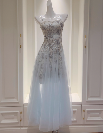 Stunning A Line Spaghetti Strap Floral Blue Tulle Prom Dress Wedding Guest Dress HZ1023